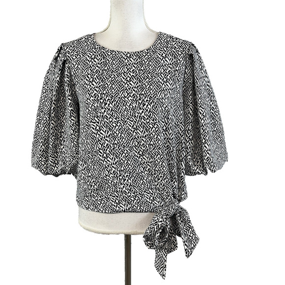 Vince Camuto Blouse Top size Small Black White Zebra Puffy Sleeves Ties Modest - Picture 1 of 10